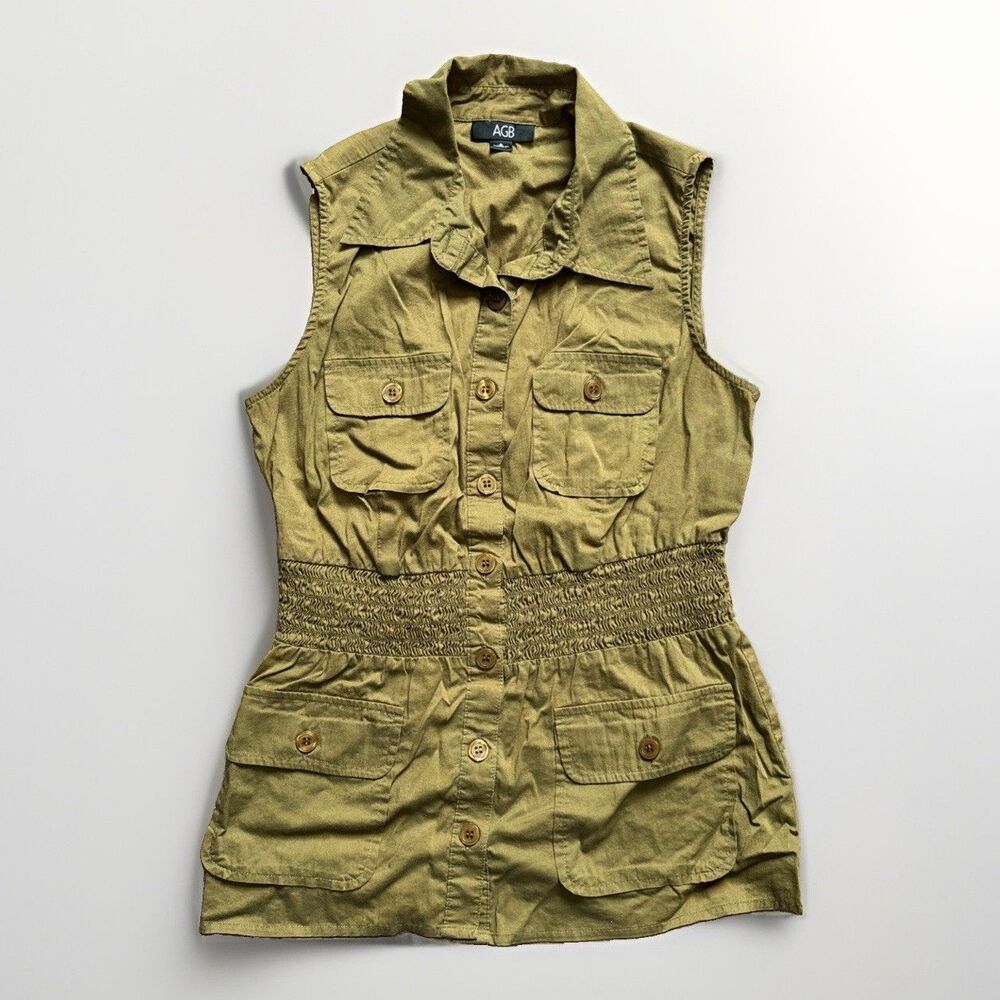 AGB Women’s Green Utility Cotton Blend Button-Front Vest Pockets Collar Size S
